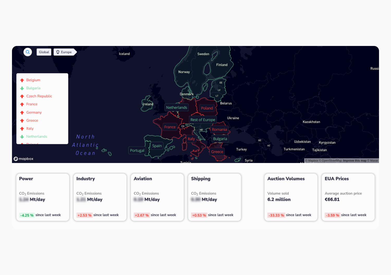Graphical map showing the carbon emissions change in Europe